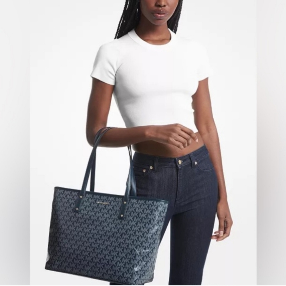 NWT Michael Kors Carter Large Top Zip Tote Bag Purse in Navy MK Logo Print - Picture 2 of 14